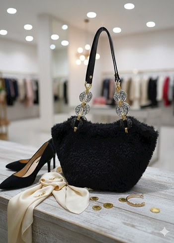 Siyah Kürklü Modern Klasik Kadın Çanta - Görsel 3