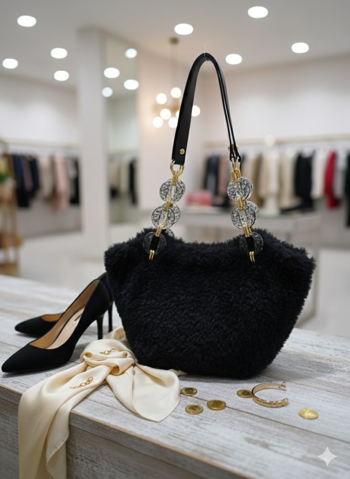 Siyah Kürklü Modern Klasik Kadın Çanta - Görsel 3