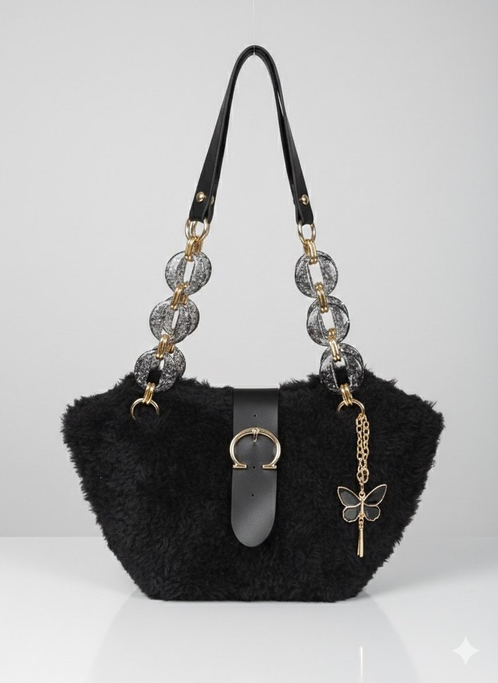 Siyah Kürklü Modern Klasik Kadın Çanta - Görsel 2