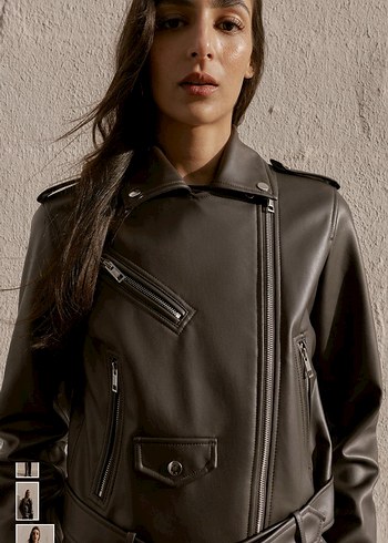 Zara suni deri biker ceket - Görsel 3