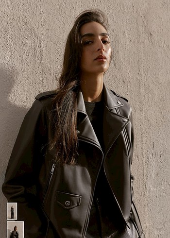 Zara Kadın Kahverengi Biker Deri Ceket - Görsel 3