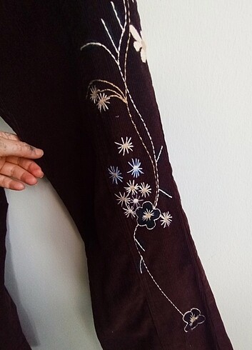 44 Beden kahverengi Renk Vintage pantolon ceket kadife nakış işlemeli takım elbise