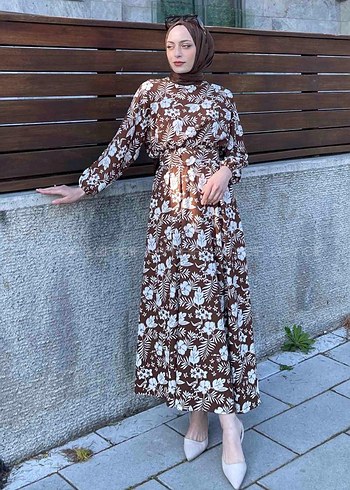 Uzun Kollu Kahverengi Bohem Elbise