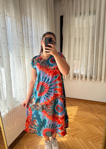Diğer Mavi Batik Desenli V Yaka Bohem Elbise