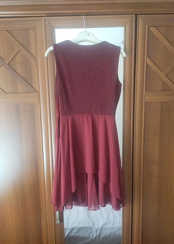 Diğer Bordo Parlak Mini V Yaka Drapeli Elbise