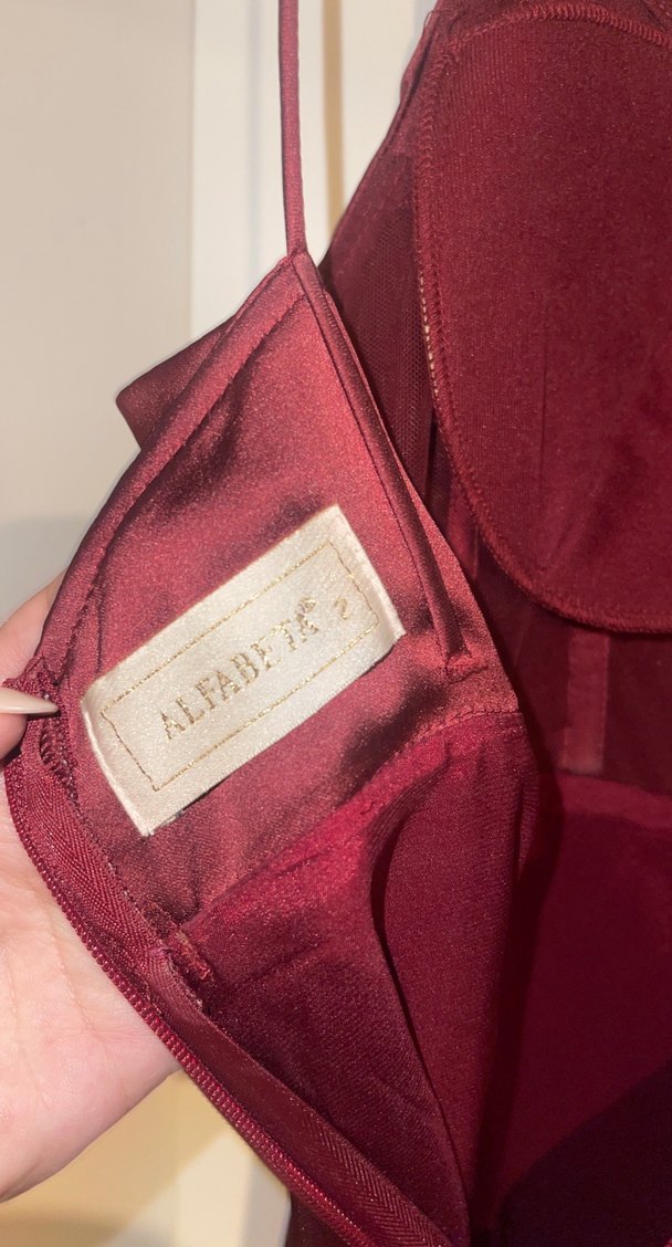 Bordo Uzun Drapeli Askılı Abiye Elbise - Görsel 5