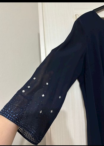 Lacivert Uzun Drapeli Kadın Elbise - Görsel 2