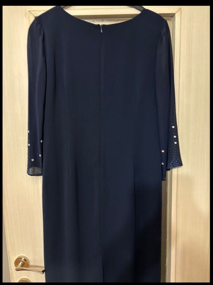 Lacivert Uzun Drapeli Kadın Elbise - Görsel 3