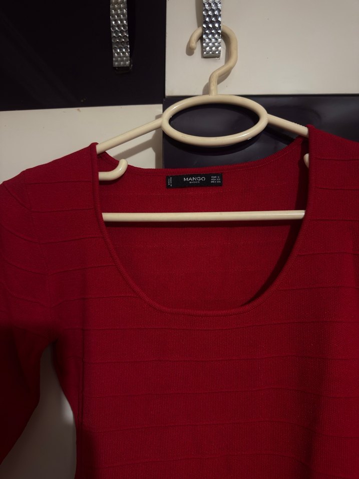 Kırmızı Kadın Triko Elbise Midi Boy - Görsel 2