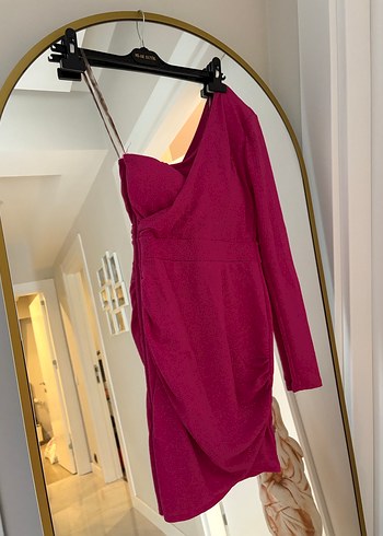 Pembe Drapeli Midi Kadın Abiye Elbise - Görsel 3