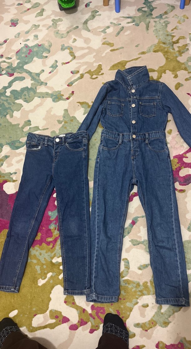 Kızlar için düğmeli koyu mavi denim tulum - Görsel 2