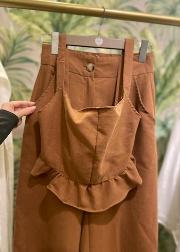 Kahverengi Keten Takım Crop Ve Pantolon