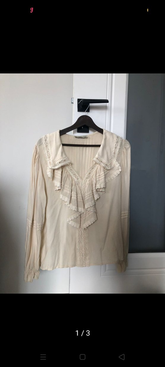 Bej V Yakalı Fırfırlı Kadın Gömlek - Görsel 2