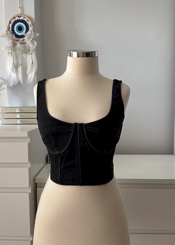 Siyah Denim Korse Büstiyer