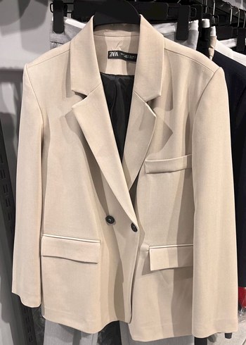 Zara Zara Kadin Oversize Bej Düğmeli Kadın Midi Blazer Ceket