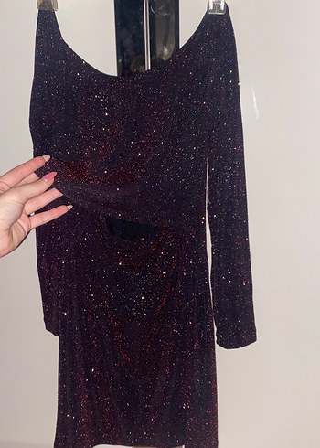 Bordo Simli Uzun Kollu Midi Elbise - Görsel 3