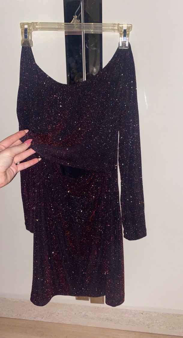 Bordo Simli Uzun Kollu Midi Elbise - Görsel 3