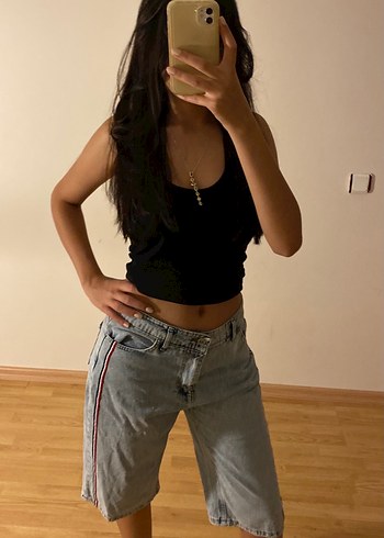 Gri Çizgili Midi Denim Kadın Jean