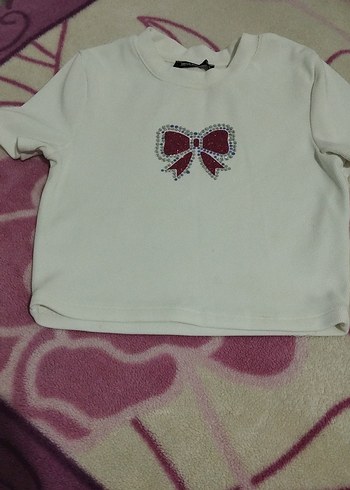 Kız Çocuk Beyaz Kısa Kollu Fiyonklu Tişört - Görsel 2