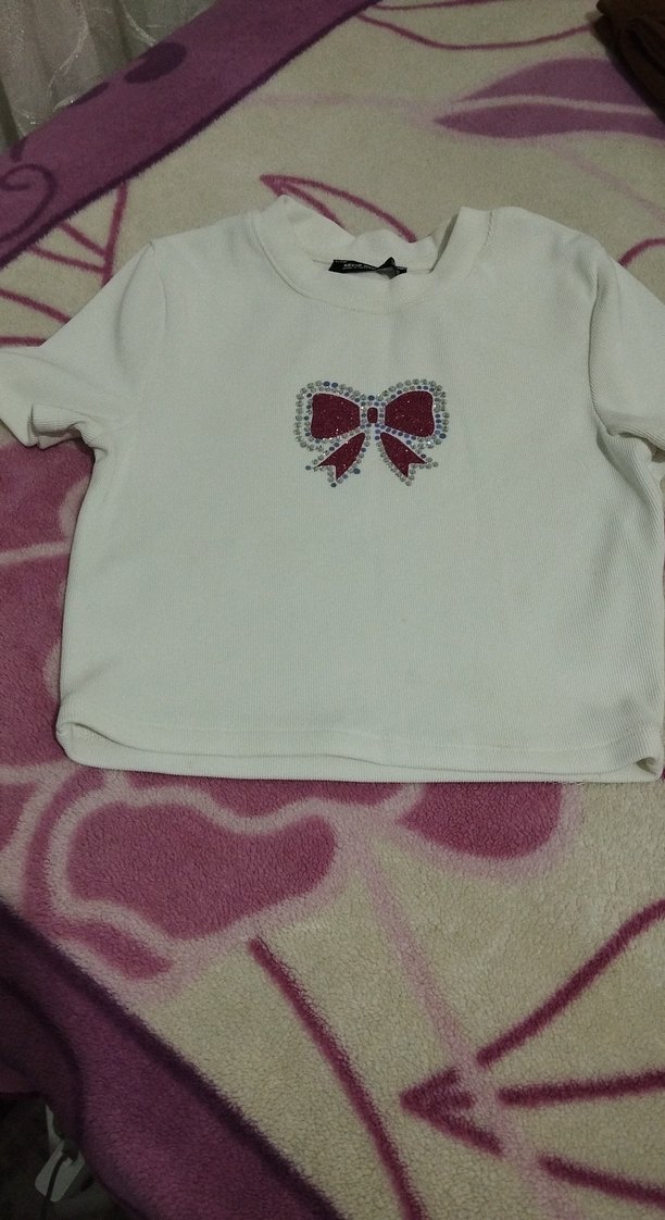 Kız Çocuk Beyaz Kısa Kollu Fiyonklu Tişört - Görsel 2