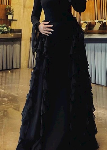Uzun Siyah Gotik Drapeli Abiye Elbise