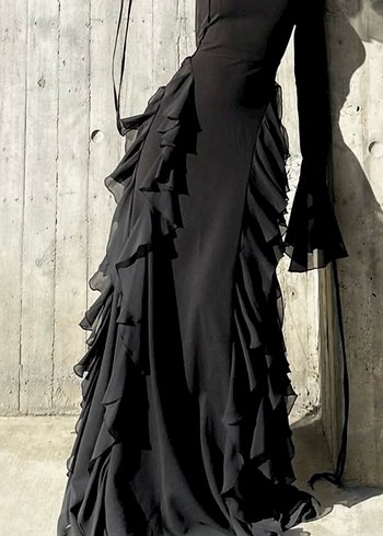 Diğer Uzun Siyah Gotik Drapeli Abiye Elbise