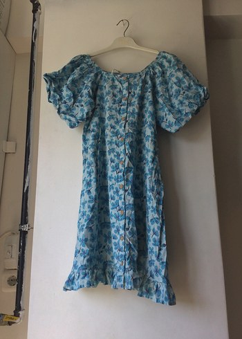Mavi Bağcıklı Midi Bohem Elbise