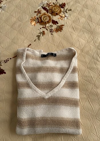 Mango Bej Çizgili V Yaka Örgü Kadın Kazak - Görsel 10