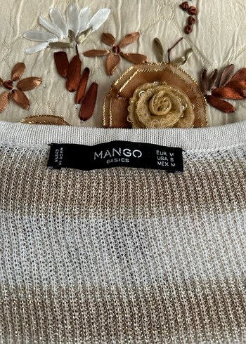 Mango Bej Çizgili V Yaka Örgü Kadın Kazak - Görsel 3