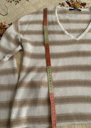 Mango Bej Çizgili V Yaka Örgü Kadın Kazak - Görsel 5