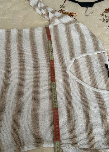 Mango Bej Çizgili V Yaka Örgü Kadın Kazak - Görsel 7