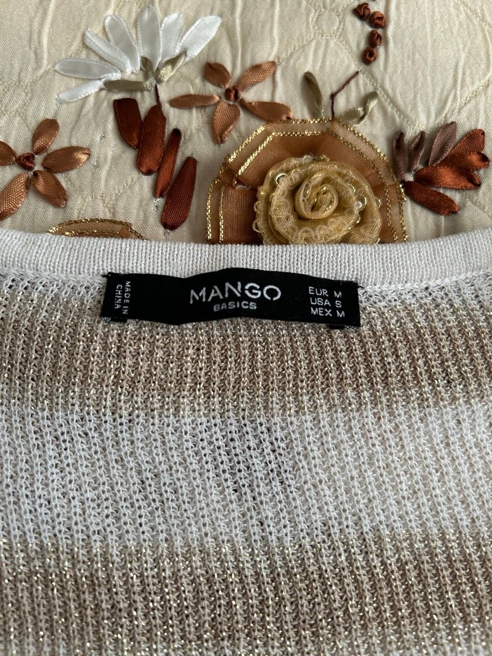 Mango Bej Çizgili V Yaka Örgü Kadın Kazak - Görsel 3