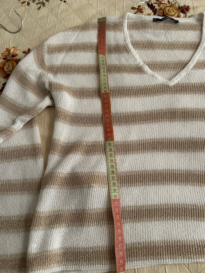 Mango Bej Çizgili V Yaka Örgü Kadın Kazak - Görsel 5
