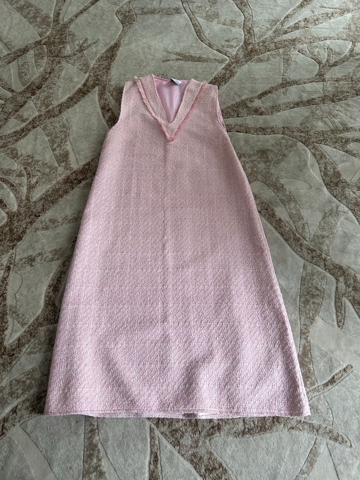 Pudra Pileli V Yakalı Uzun Elbise - Görsel 3