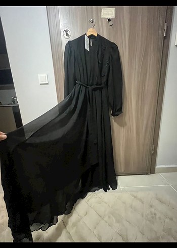 Abiye Siyah Uzun Kollu Kemerli Kadın Elbise