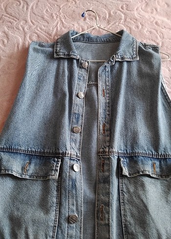 Mavi Pastel Renkli Kolsuz Denim Ceket - Görsel 2