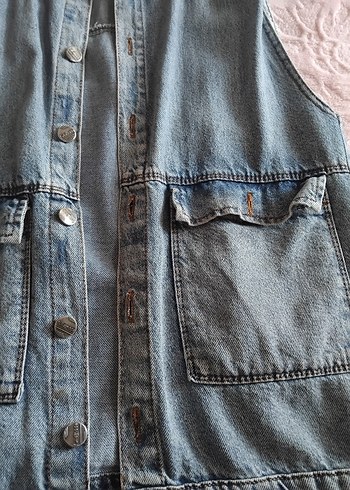 Mavi Pastel Renkli Kolsuz Denim Ceket - Görsel 4