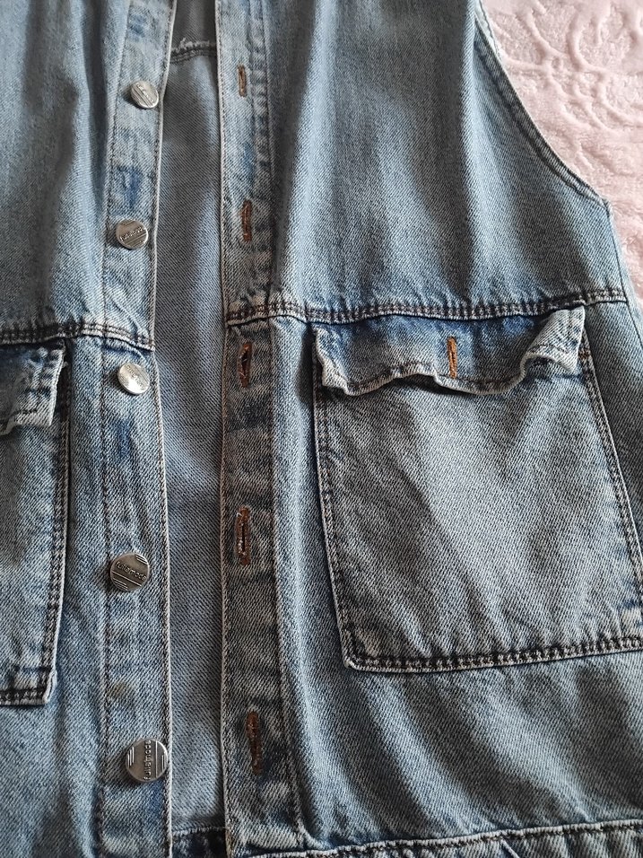 Mavi Pastel Renkli Kolsuz Denim Ceket - Görsel 4