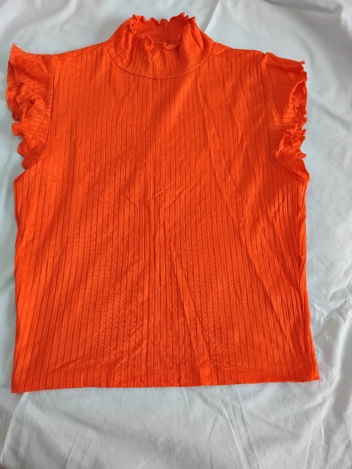 turuncu Piliseli Yüksek Yakalı Kolsuz Bluz - Görsel 3