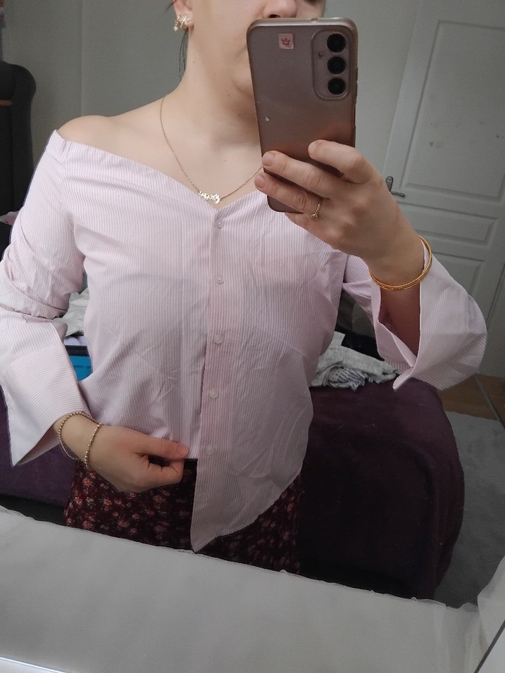 Pembe Düğmeli Pamuklu Salaş Bluz - Görsel 2