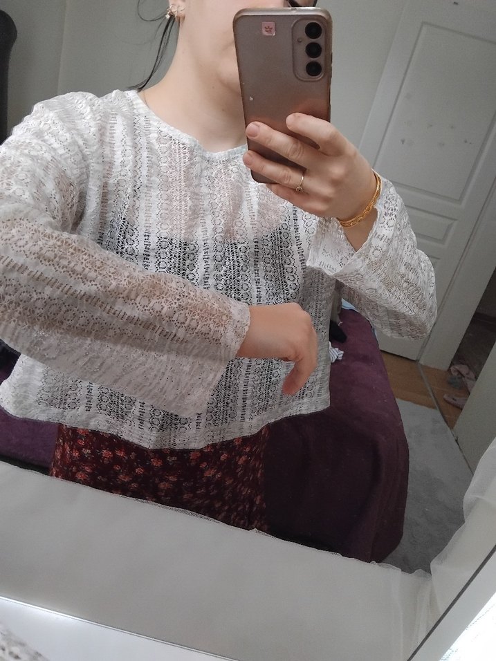 Dantel Detaylı Uzun Kollu Beyaz Bluz - Görsel 2