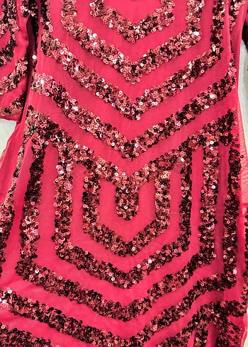 Kırmızı Payetli V Yaka Midi Elbise pul işlemeli - Görsel 2