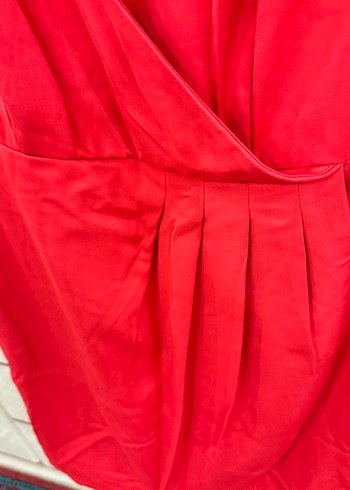 Kırmızı V Yaka Drapeli Midi Elbise - Görsel 5