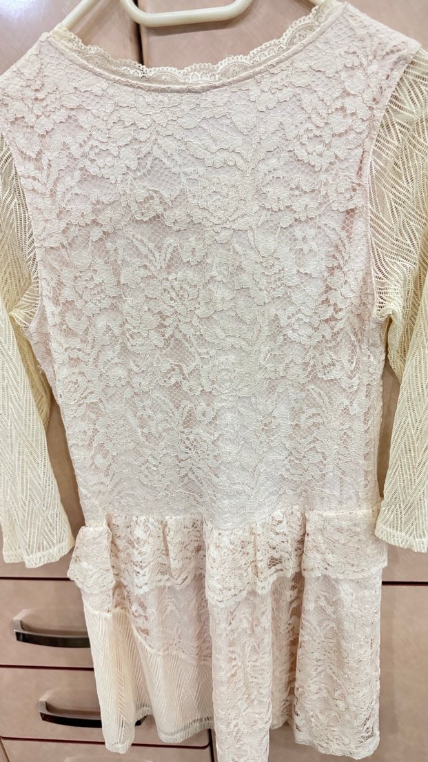 Dantel güpür detaylı krem mini elbise - Görsel 2