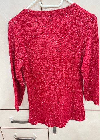 Kırmızı V Yaka Parlak ışıltılı Triko Kazak - Görsel 2