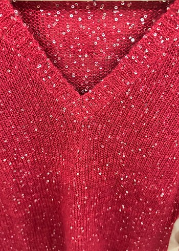 Kırmızı V Yaka Parlak ışıltılı Triko Kazak - Görsel 3