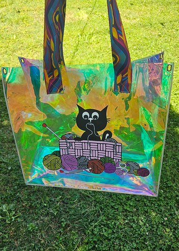 Renkli Saplı Şeffaf Kedi Desenli Kol Çantası - Görsel 9
