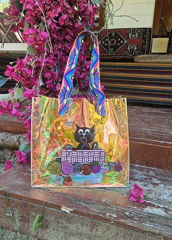 Renkli Saplı Şeffaf Kedi Desenli Kol Çantası - Görsel 6