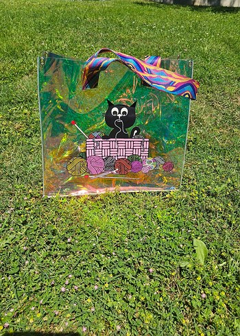 Renkli Saplı Şeffaf Kedi Desenli Kol Çantası - Görsel 13