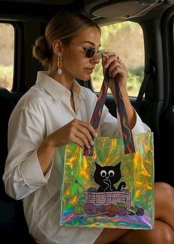 Renkli Saplı Şeffaf Kedi Desenli Kol Çantası - Görsel 3